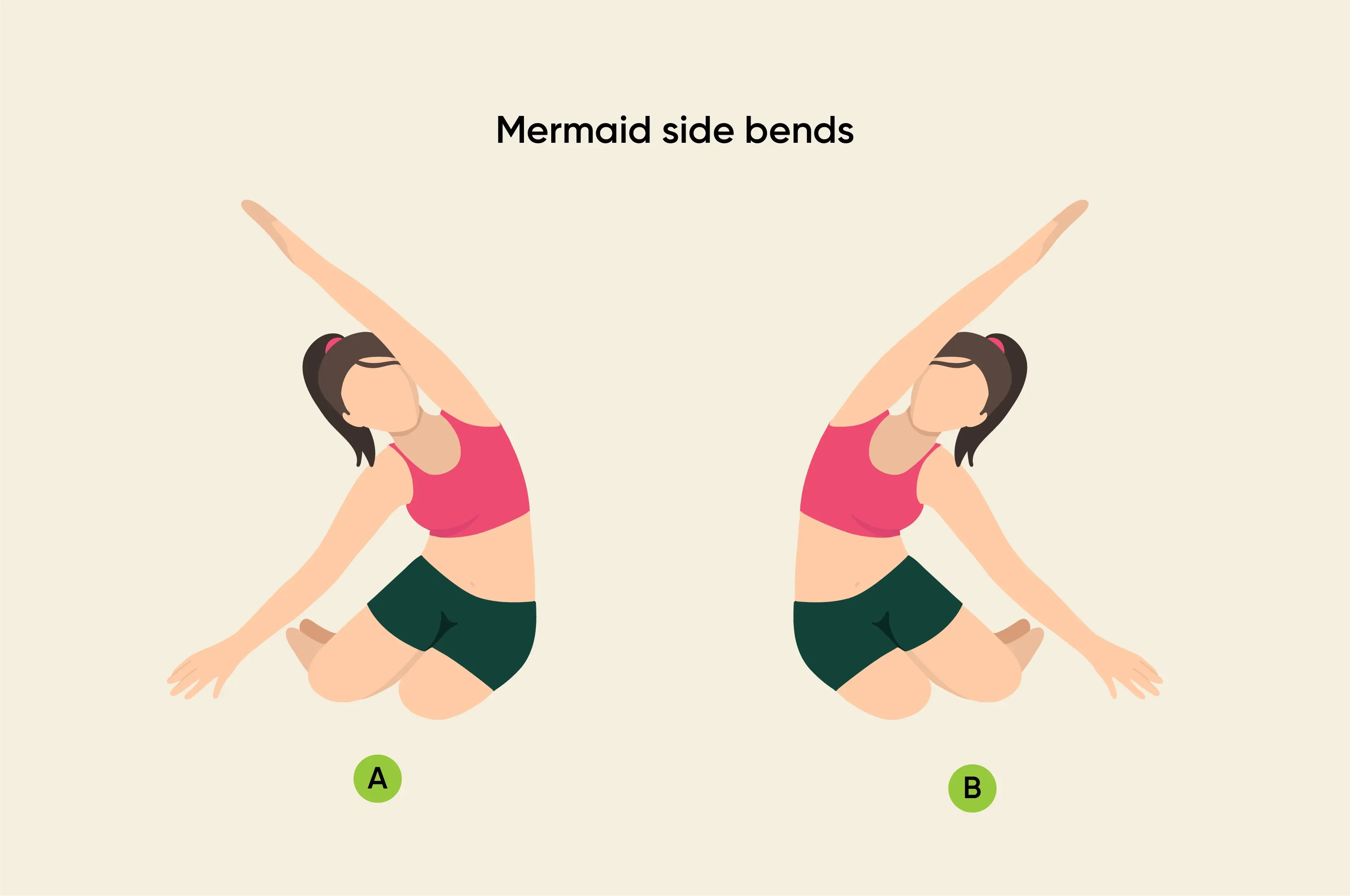 Woman doing a mermaid side bend to the left and then to the right