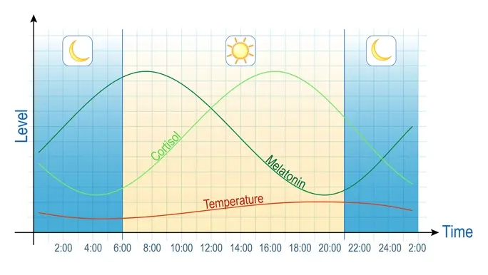 Circadian rhythm. Diagram of melatonin, and cortisol hormones level during day (24 hours). temperature schedule. human biological clock. Chart of awake and sleep.