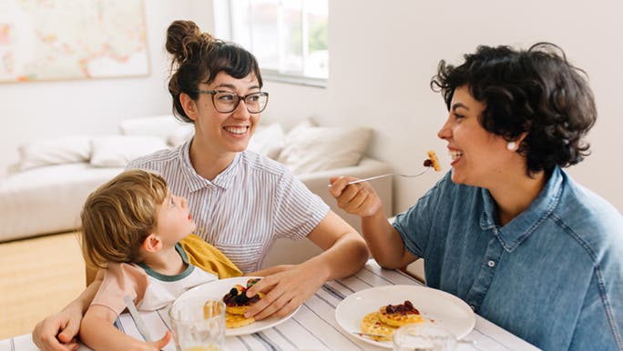 A couple is eating breakfast together with a small child. It looks as if the mother is introducing her new girlfriend to the child.