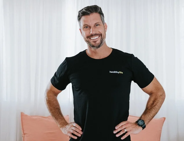 Sam Wood in a black healthylife t-shirt