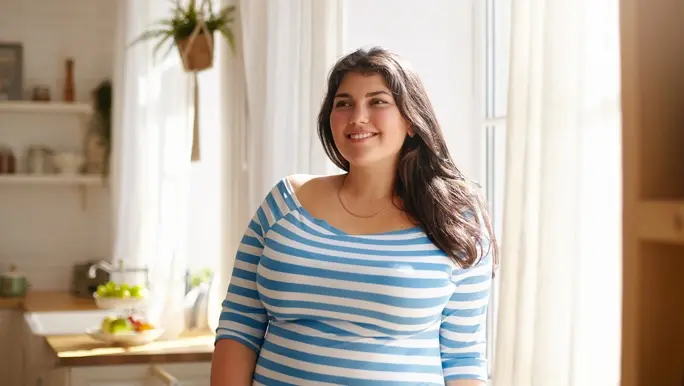 Smiling woman at home in her kitchen, she has long brunette hair and is wearing a blue and white striped top