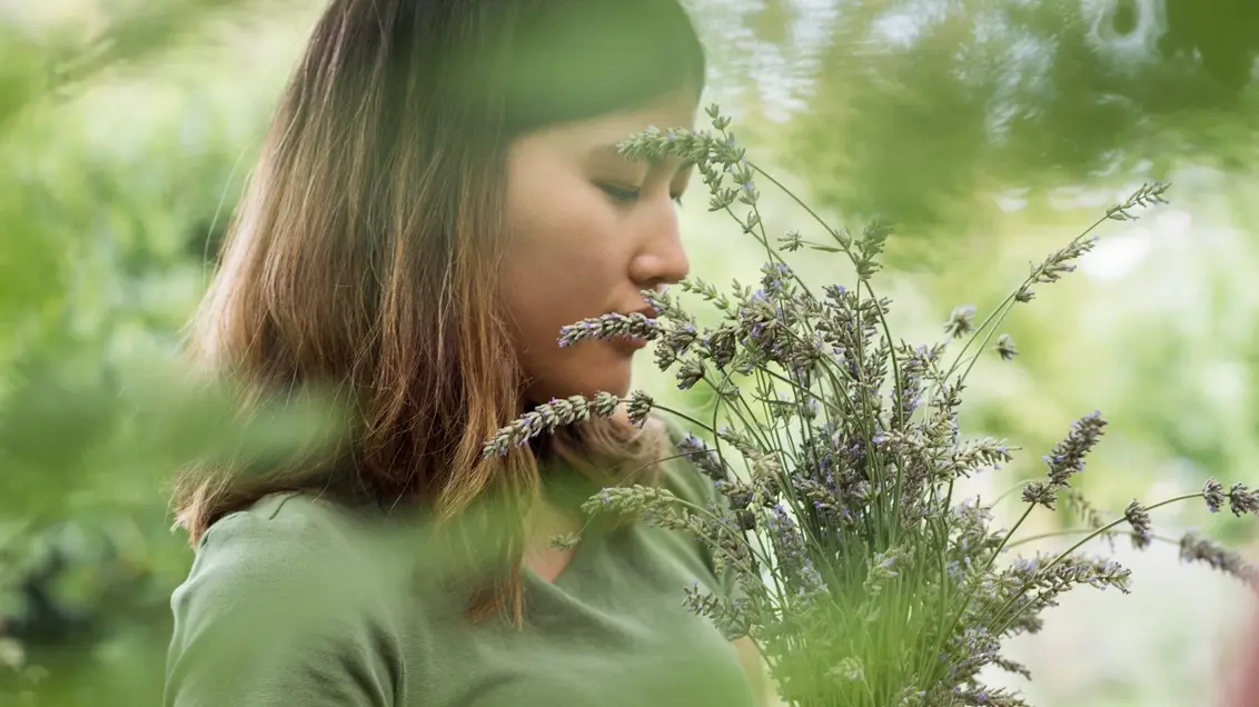 Young woman inhaling the scent of fresh lavender