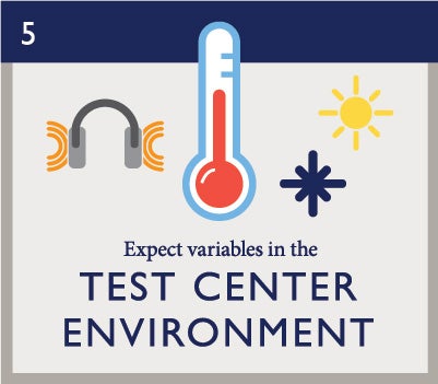 Infographic for exam day, step 5: Expect variables in the test center environment