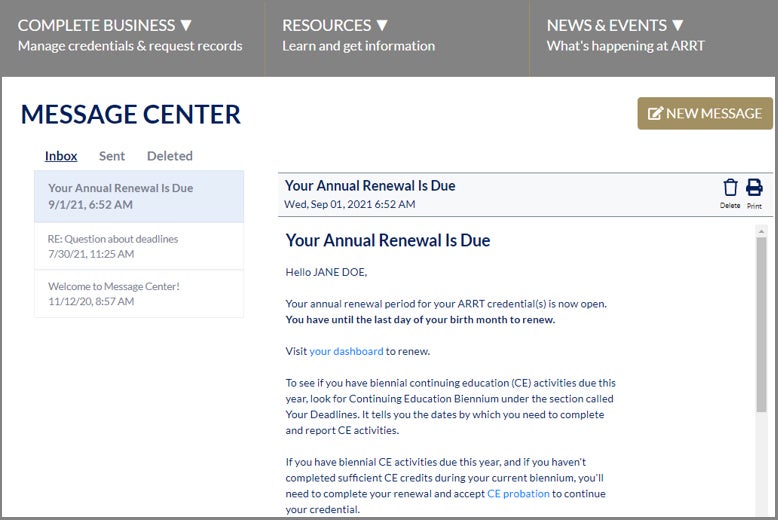 Screen shot of renewal reminder in Message Center