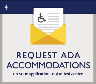 Infographic for exam day, step 4: Request ADA Accommodations on your application-not at test center