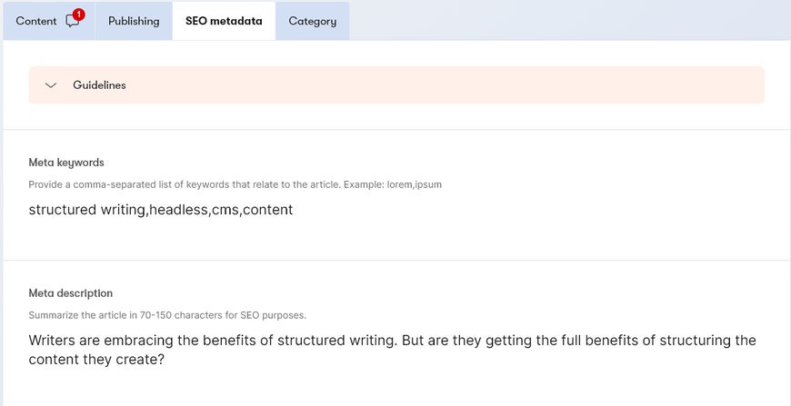 SEO metadata snippet as seen in a content item