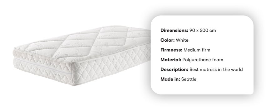 A photo of a mattress with a petal with illustrative textual properties – an example metadata.