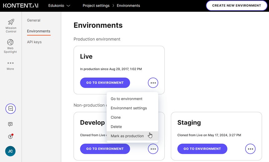Mark an environment as production to swap with the current production environment