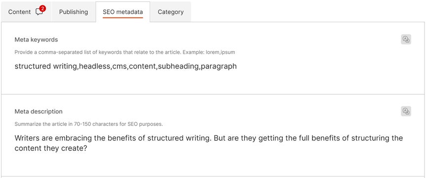SEO metadata snippet as seen in a content item
