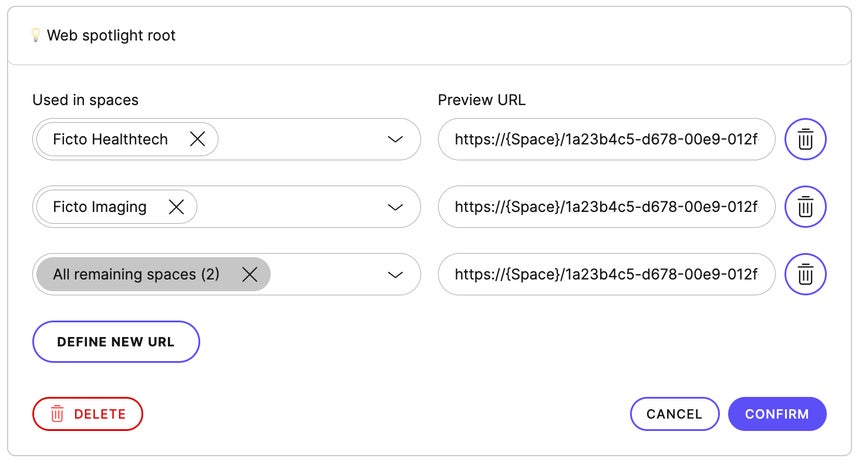 Preview URL patterns are defined for the Web Spotlight root content type in two spaces, with an additional rule for the remaining two spaces that serve as a workaround for Web Spotlight.