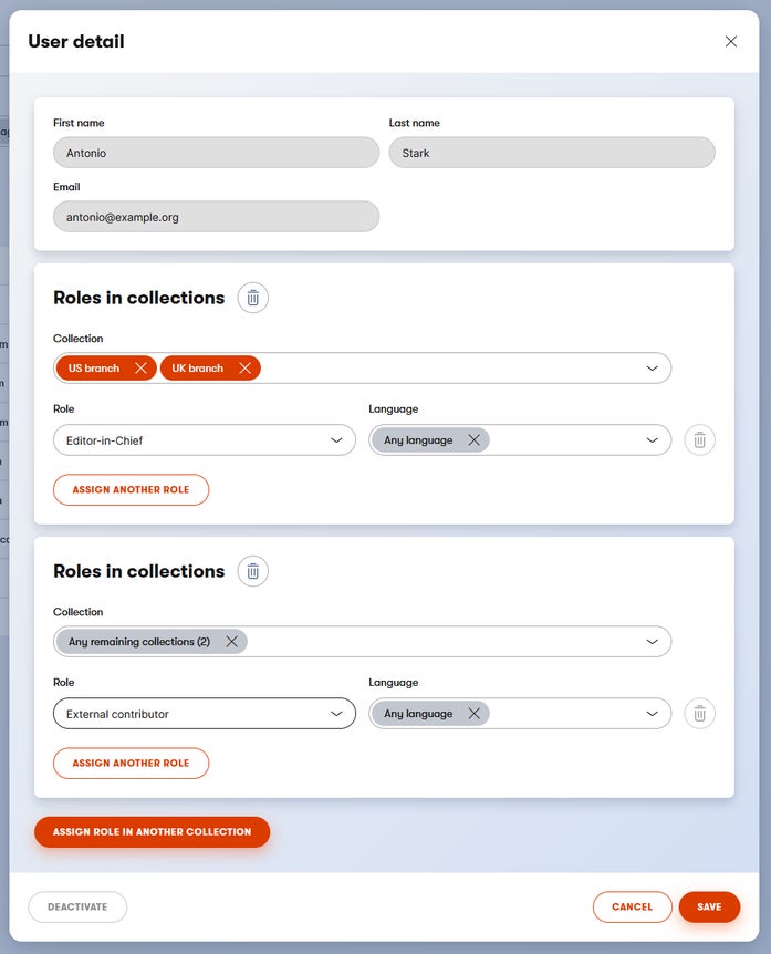 Roles of users are set up per language and collection