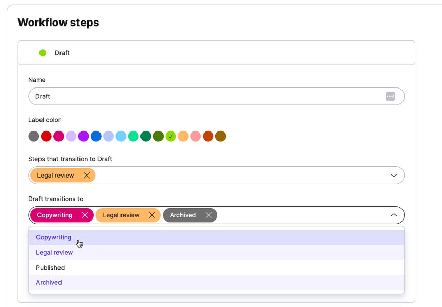 Configuring transitions for a workflow step