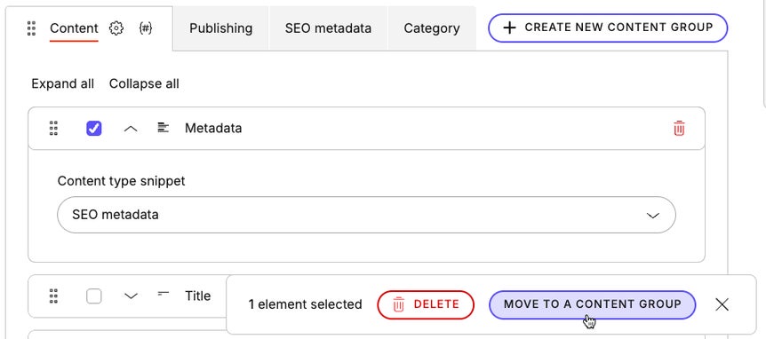 Moving an element to a content group in a content type