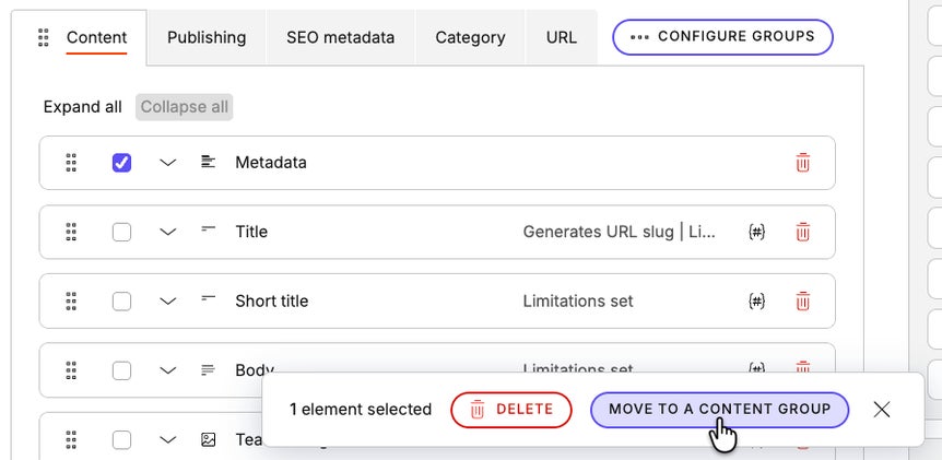 Moving an element to a content group in a content type