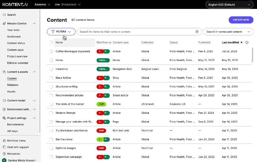 Using saved filters across Kontent.ai