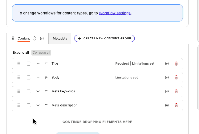 Moving selected elements to a different content group