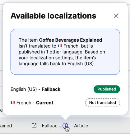 A pop-up displaying information about an untranslated linked item that can fallback to a different language that is already published.
