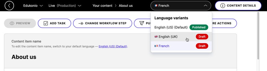 Language switcher in a content item.