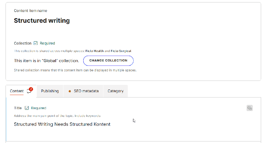 Navigating through content groups in a content item.