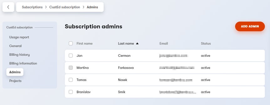 A list of subscription admins under one subscription