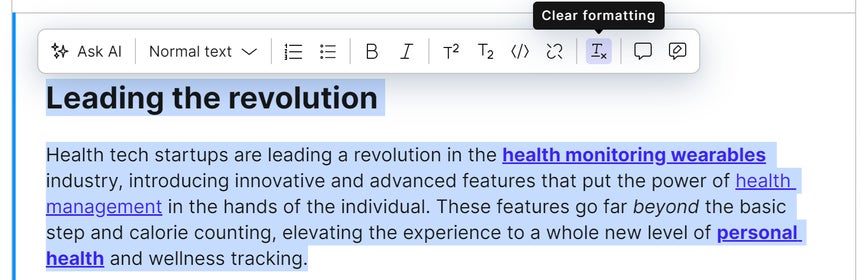 Removing text formatting in rich text editor