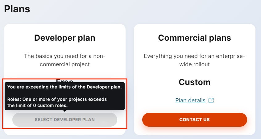 Tooltip describing where the current project configuration exceeds the Developer plan limits.