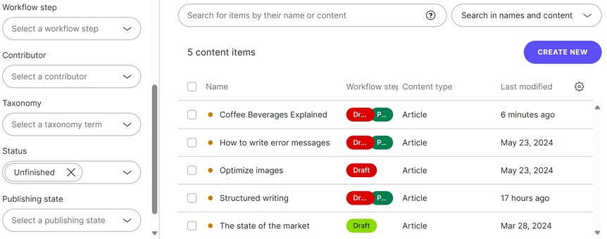 Finding unfinished content items