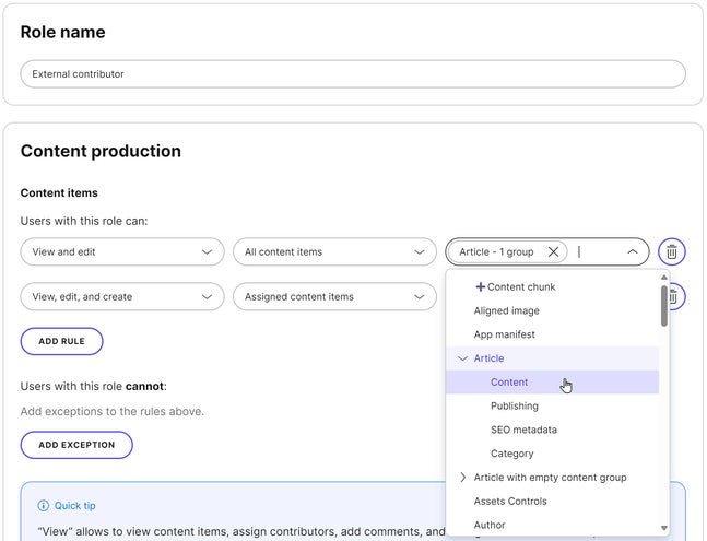 Configuring role permission per a content type's content group
