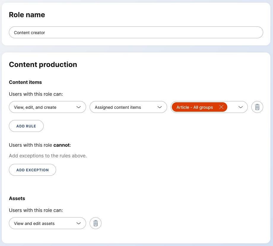 Role setup with content and asset permissions