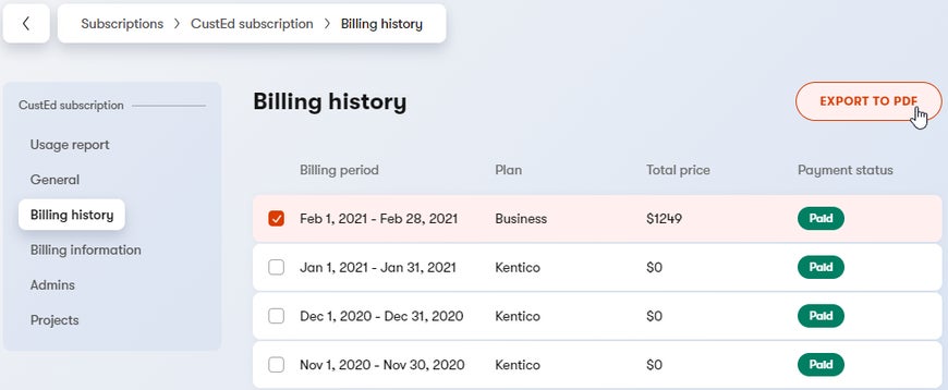 How to export billing history to PDF