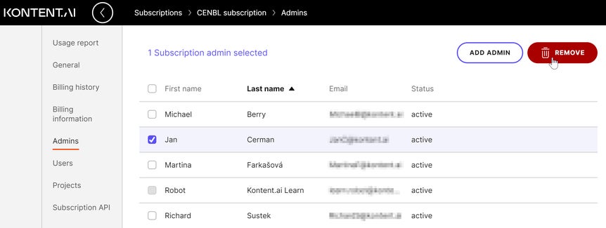 An admin is selected for removing them from the subscription