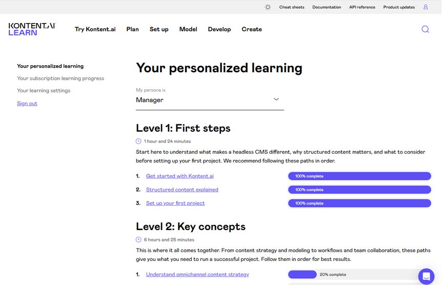 Your personalized learning page in the Kontent.ai Learn portal