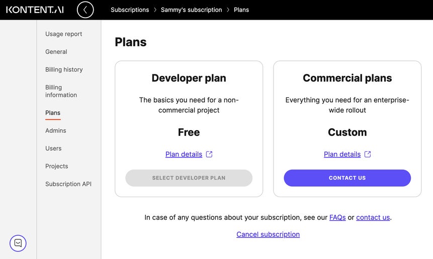Overview of subscription plans in the Kontent.ai app.