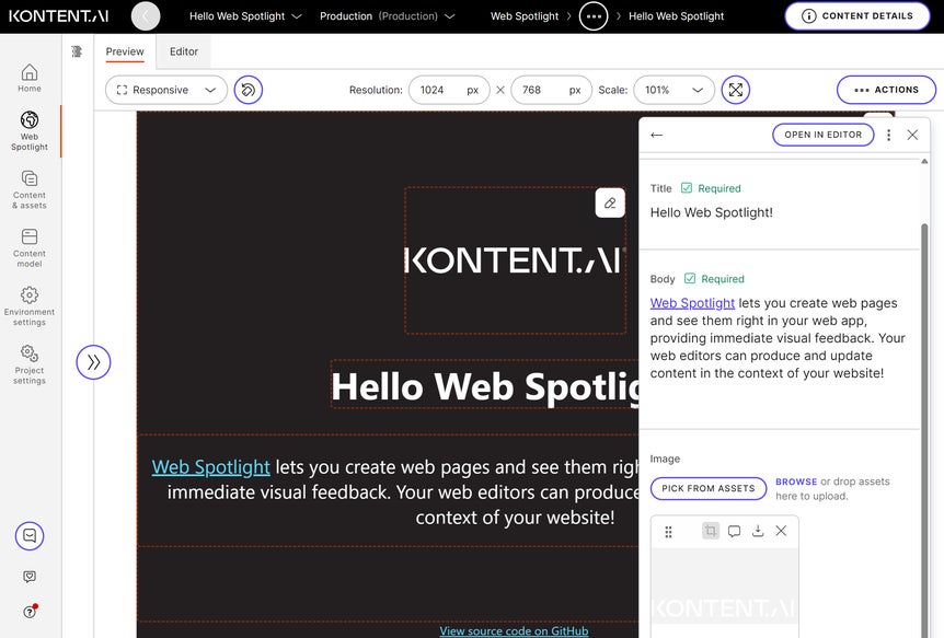A simple landing page displayed within Web Spotlight
