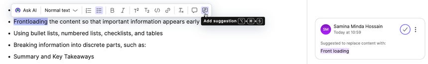 Suggesting a direct content change in the rich text editor