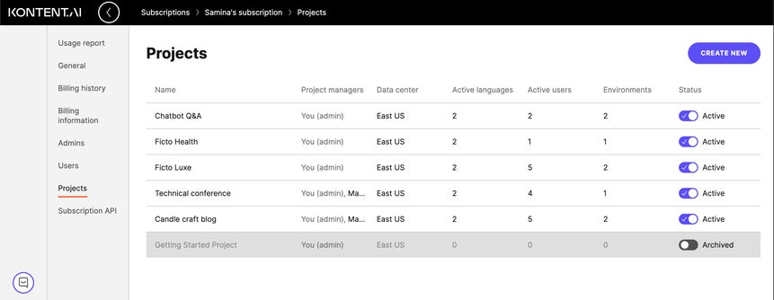 A list of projects under one subscription