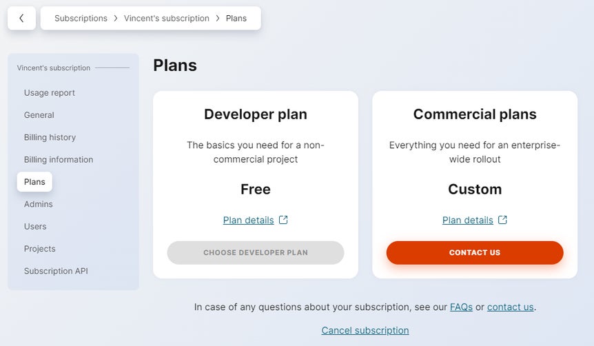 Overview of subscription plans in the Kontent app.