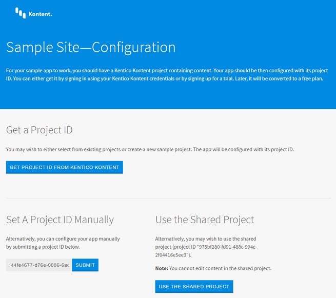 A screenshot of the page to configure the sample app