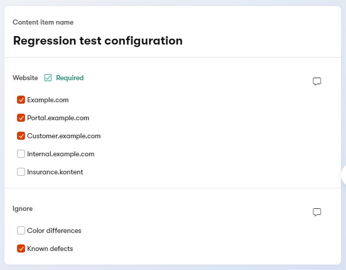 Filled-in regression test configuration content item.