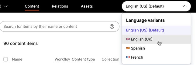 Switching to a different language in the content list.