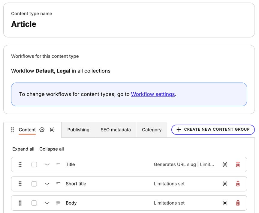 A content type with elements organized in several content groups