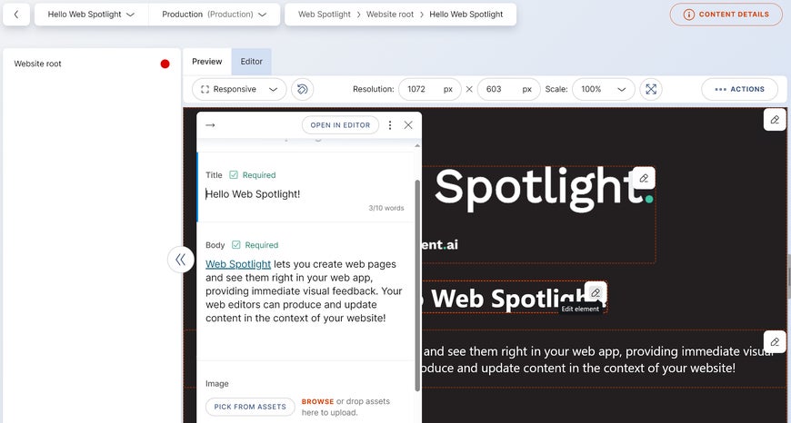 Landing page in Web Spotlight