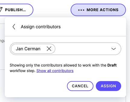The Assign contributors dialog in a content item's More actions menu.