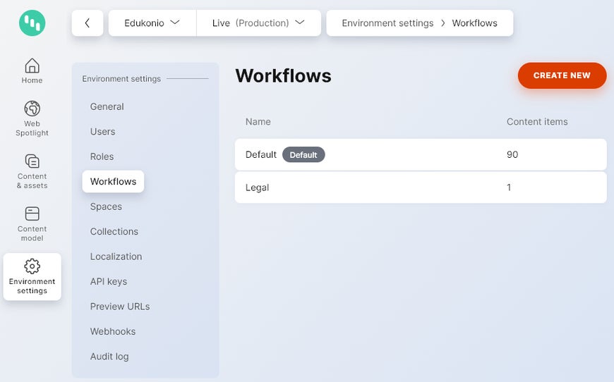 List of available workflows in Project settings