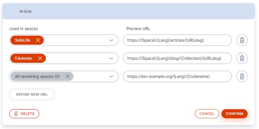 Preview URL patterns defined for the Article content type in two spaces with an additional rule for zero remaining spaces that serves as a workaround for Web Spotlight.