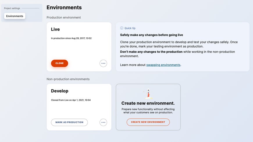 Shows two environments in Project settings, one is Live as the main production, and the other is Develop, a non-production.