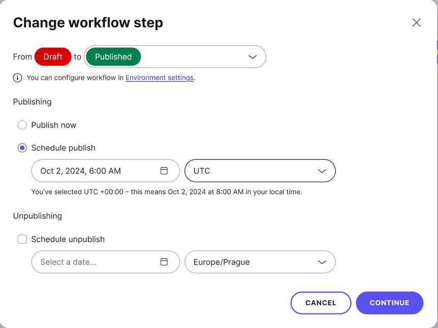 Schedule content item to be published at a specific date and time.