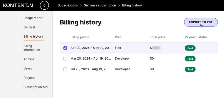 How to export billing history to PDF