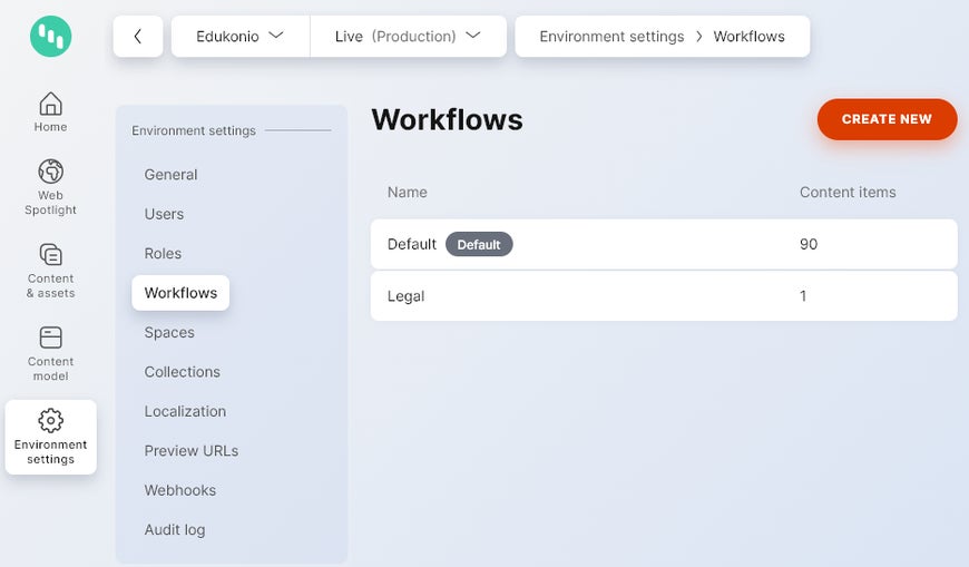List of available workflows in Environment settings