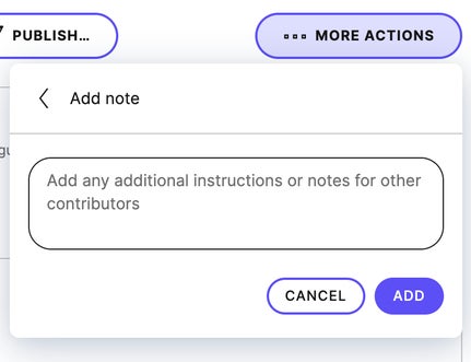 Adding a note from a content item's More actions menu.